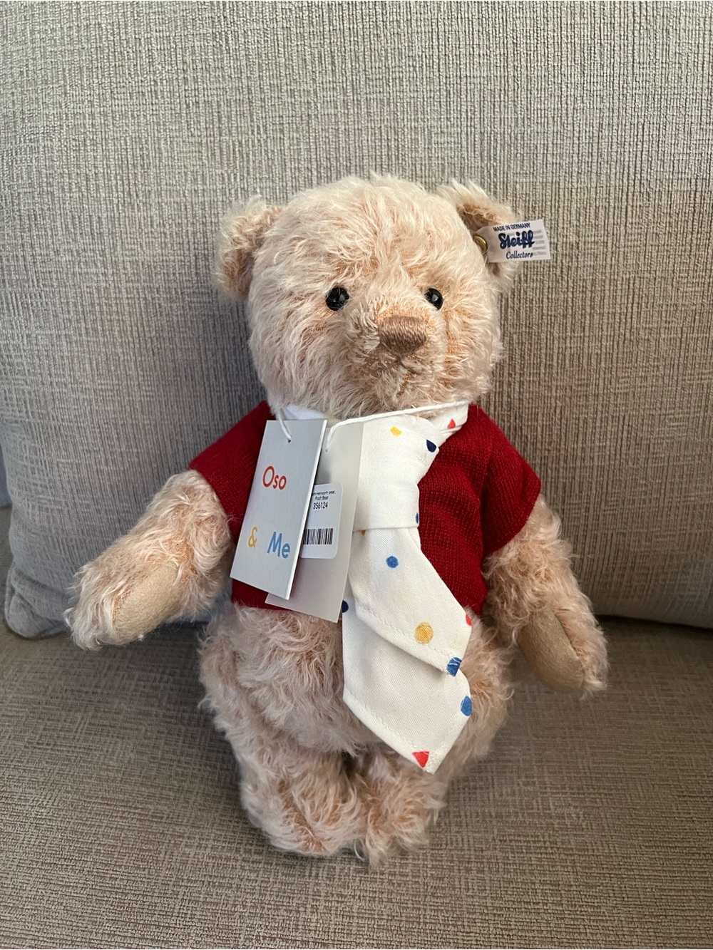 Steiff Beige Heirloom Pooh Teddy Bear with Red Sweater and Polka Dot Tie